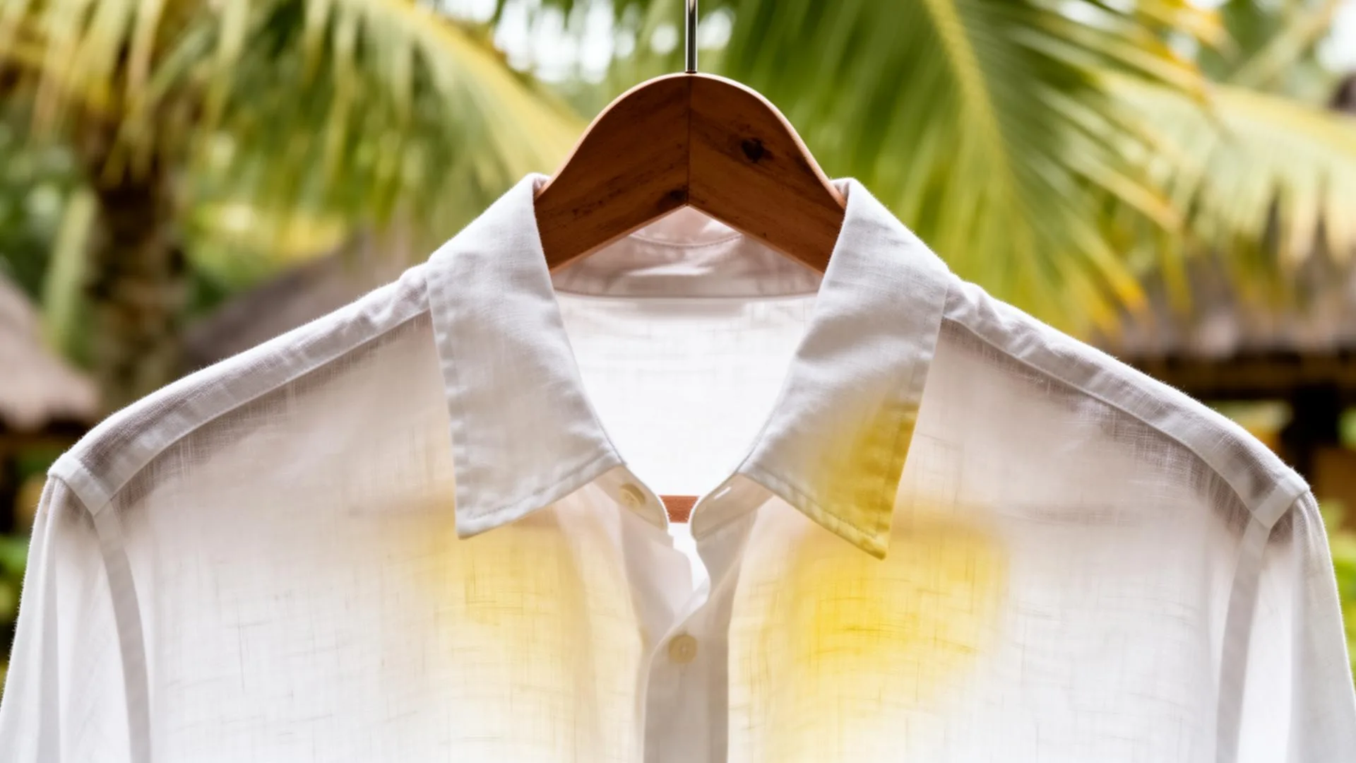 White linen shirt with faint yellow tint hanging in tropical Bali setting - CleanFold Laundry Bali